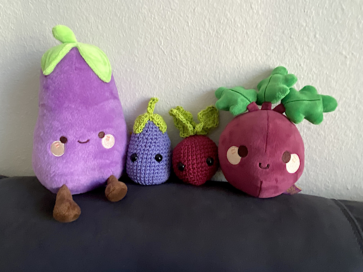 crocheted turnip and egglant with cute eyes